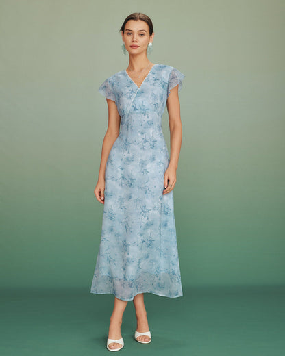 Vestido Largo Floral de Encaje con Cuello en V Azul