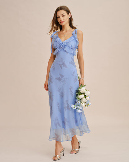 Vestido Maxi con Volantes y Tirantes de Flores Azules