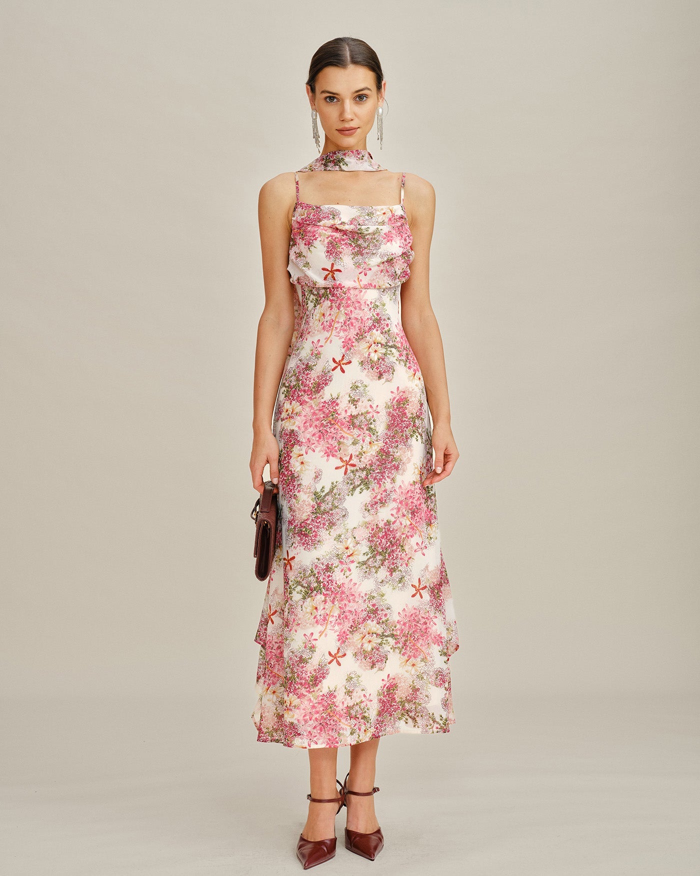 Vestido Maxi de Chiffon Floral Rosa