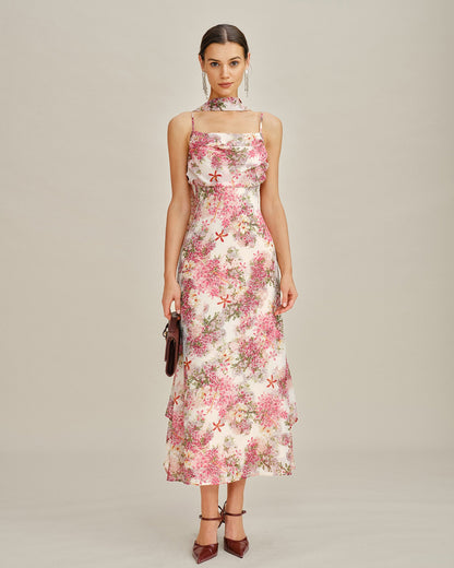 Vestido Maxi de Chiffon Floral Rosa