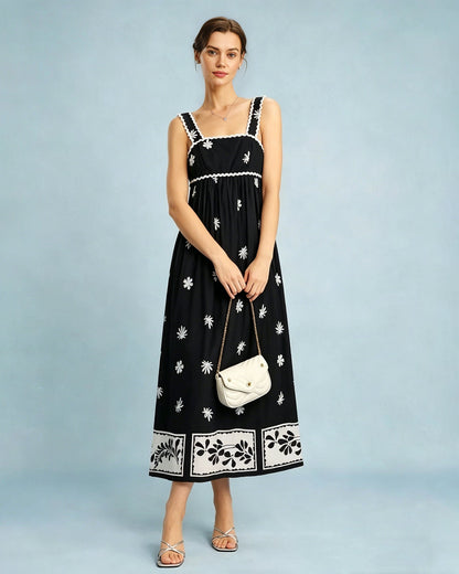 Vestido Maxi de Tirantes con Estampado Floral Negro