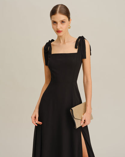 Vestido Maxi de Chiffon Negro con Tirantes