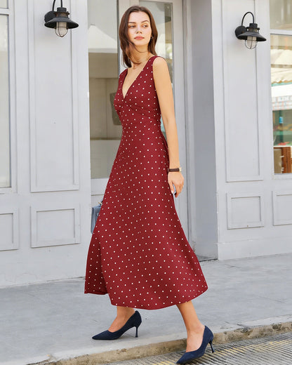 Vestido Maxi Sin Mangas con Lunares Rojos Vino