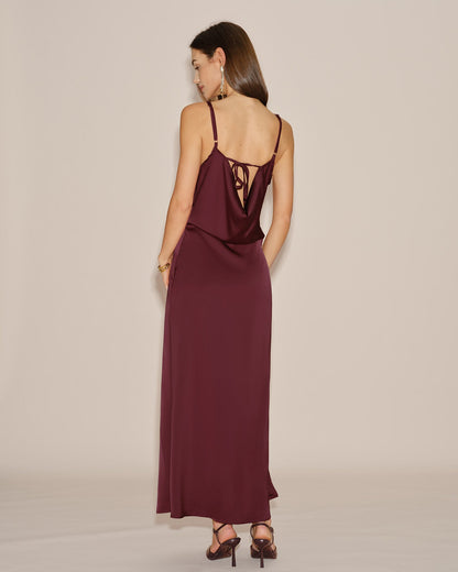 Vestido Maxi Slip Sólido Color Rojo Vino