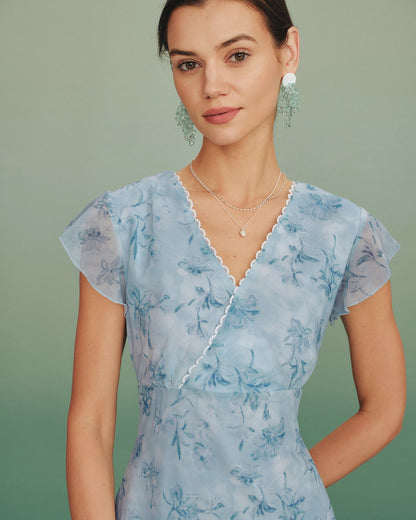 Vestido Largo Floral de Encaje con Cuello en V Azul