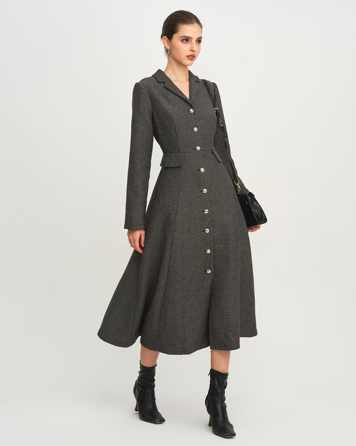 Vestido Maxi A-Line Botones Gris