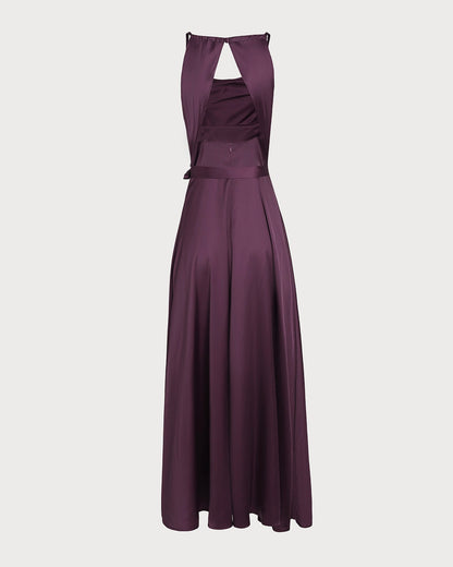 Vestido Maxi de Satén con Cuello de Cowl Morado