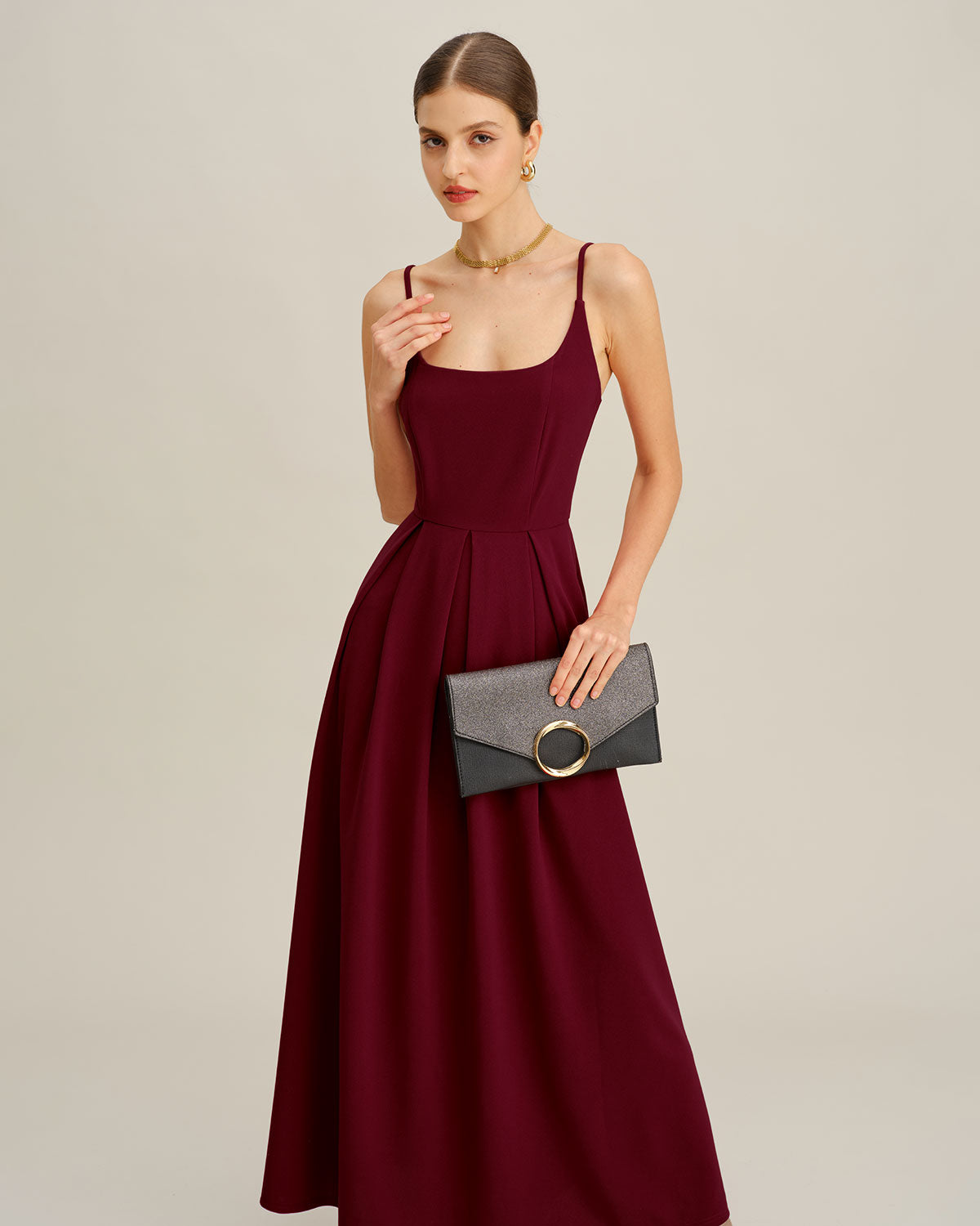 Vestido Maxi de Slip Plisado Color Rojo Vino