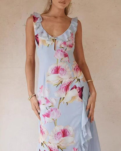 Vestido Maxi Slip Floral con Volantes y Escote en V Azul