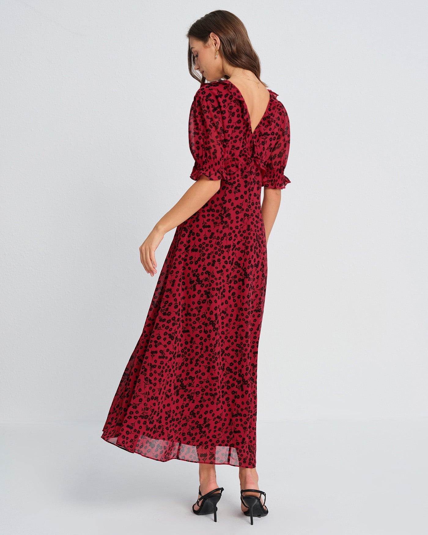 Vestido Maxi Floral de Cuello en V Rojo