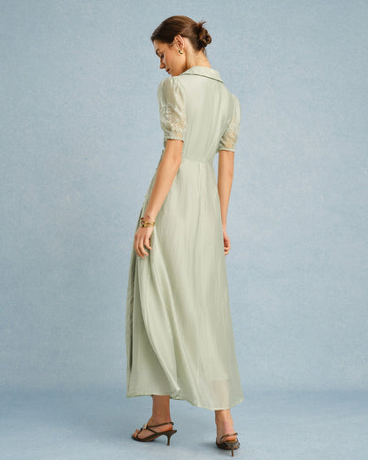 Vestido Maxi Verde con Cuello en V y Botones