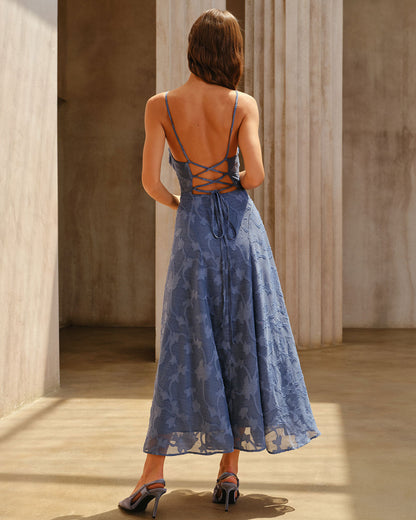 Vestido Maxi Sin Mangas de Jacquard Azul