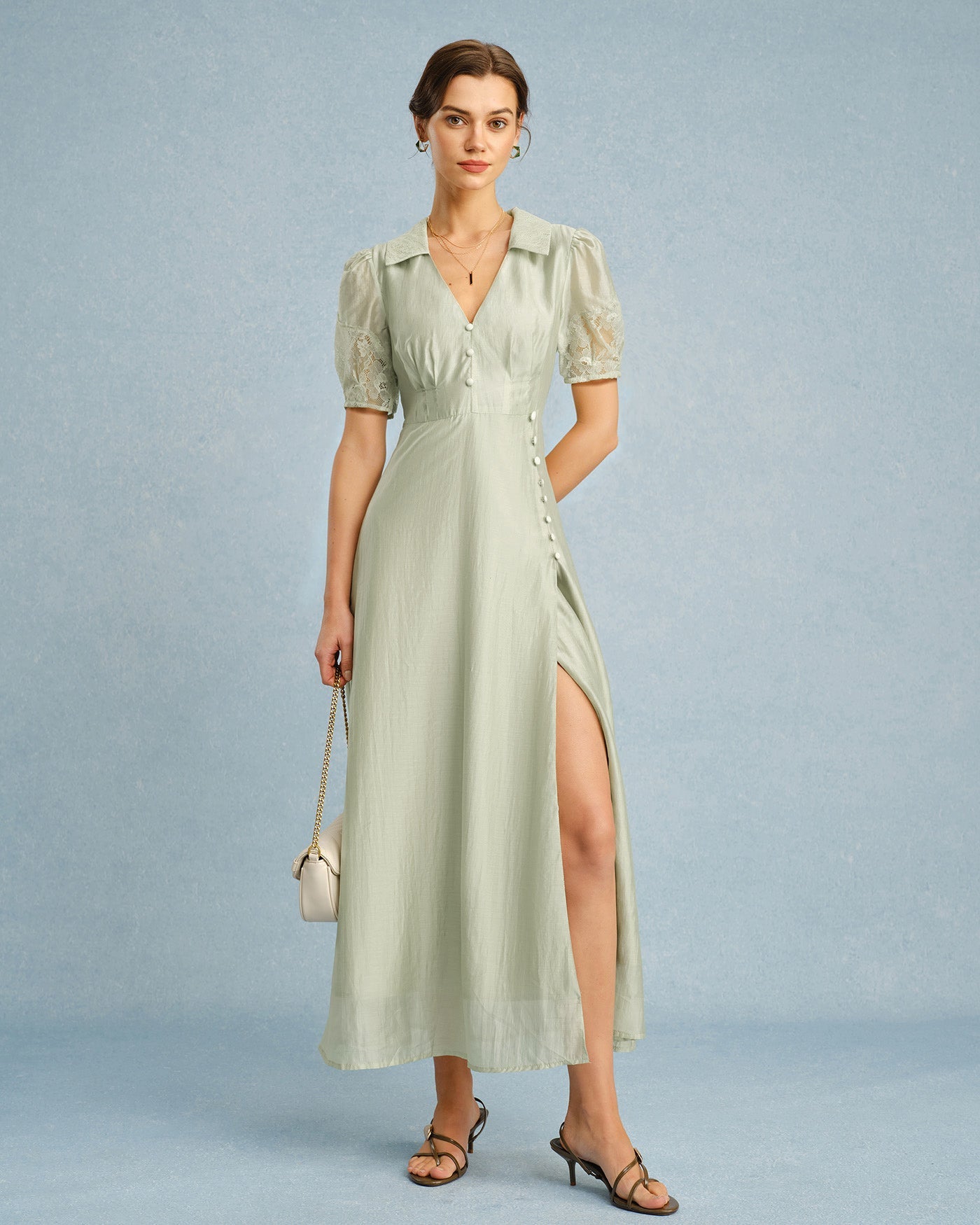 Vestido Maxi Verde con Cuello en V y Botones