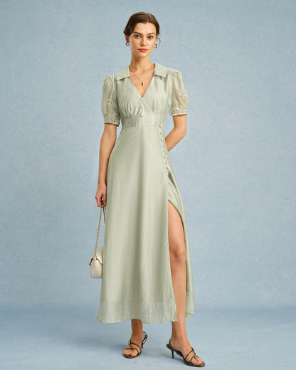 Vestido Maxi Verde con Cuello en V y Botones