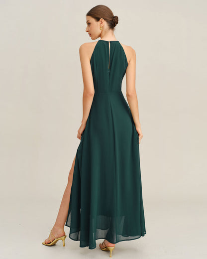 Vestido Maxi de Chiffon Verde con Abertura