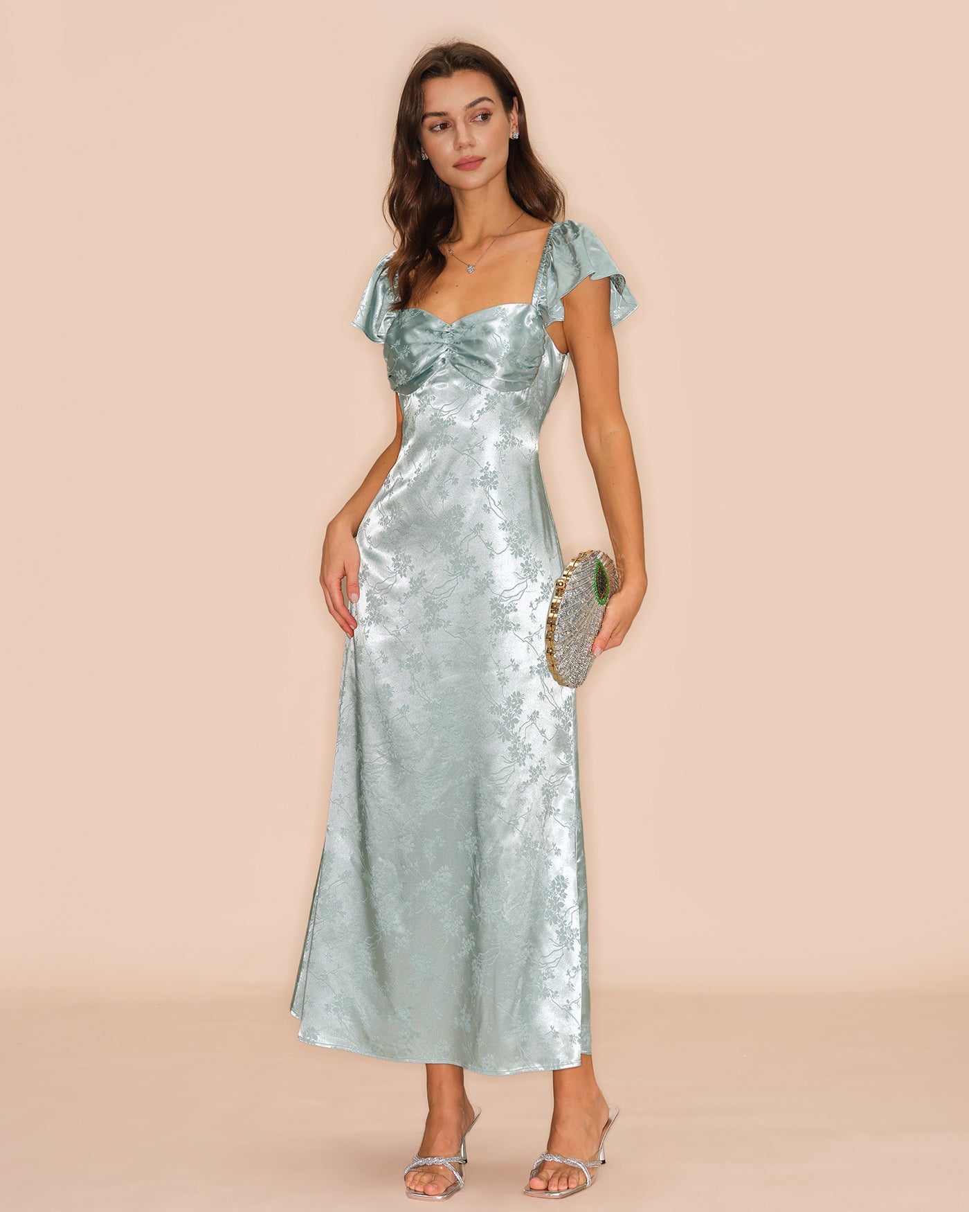Vestido Maxi Floral de Escote Corazón Verde