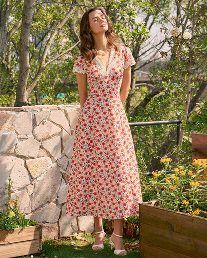 Vestido Maxi Floral de Encaje con Cuello en V
