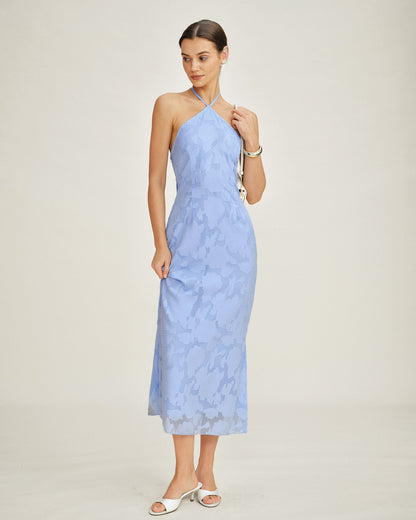 Vestido Maxi Slip Jacquard Azul con Halter