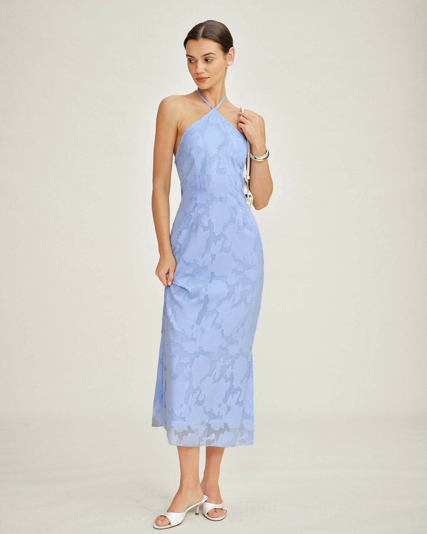 Vestido Maxi Slip Jacquard Azul con Halter