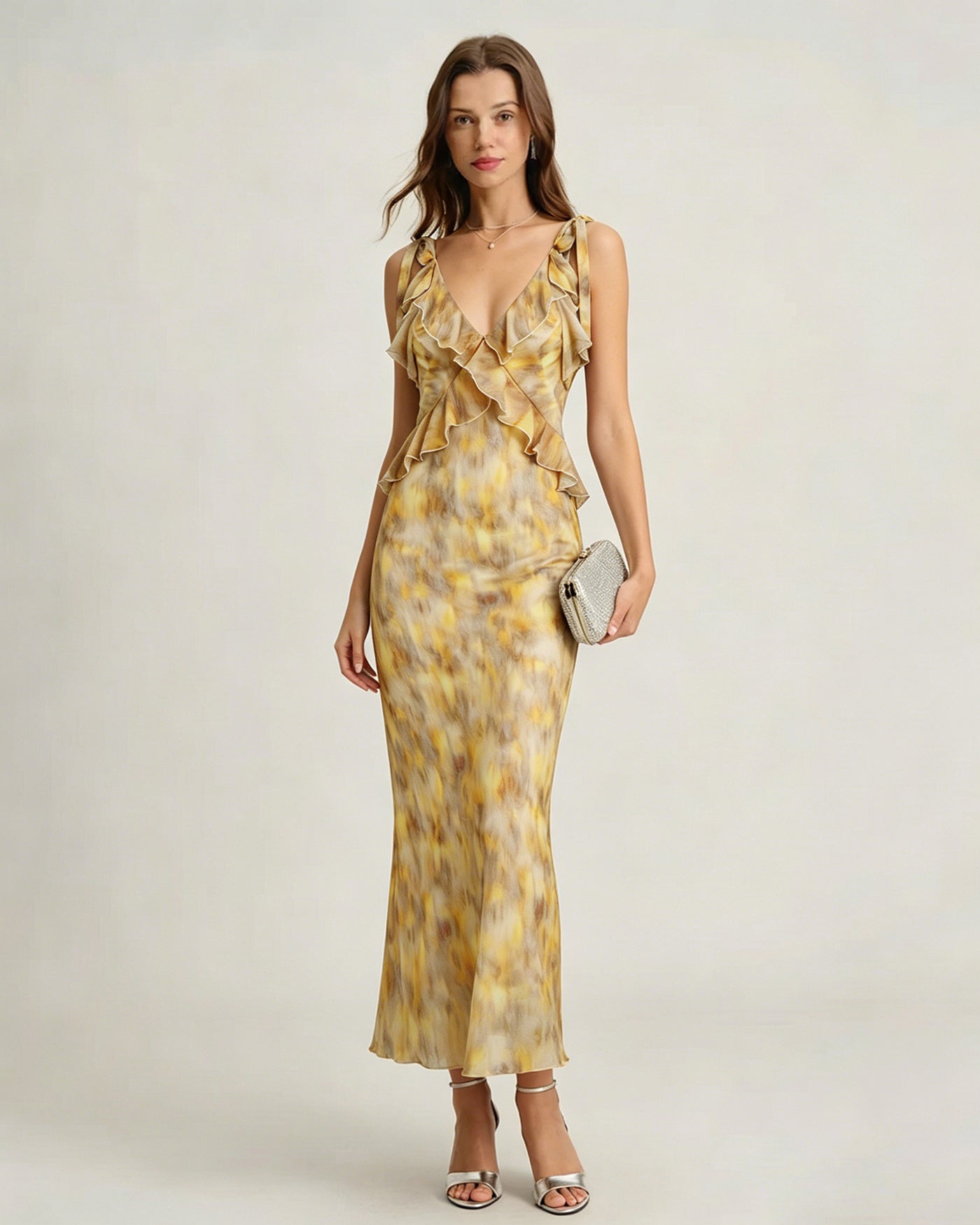 Vestido Maxi Deslizante con Volantes Amarillo