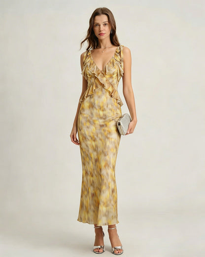 Vestido Maxi Deslizante con Volantes Amarillo
