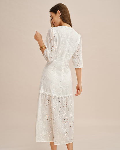 Vestido Maxi Cortado de Cuello en V Blanco