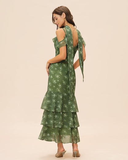 Vestido Maxi Floral con Volantes y Escote en V Verde