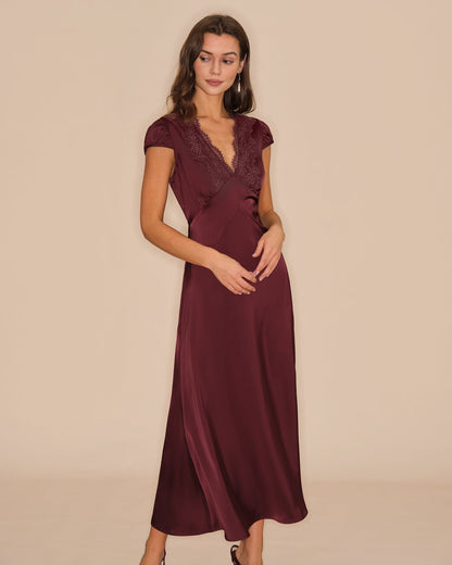 Vestido Maxi de Encaje V en Color Rojo Vino