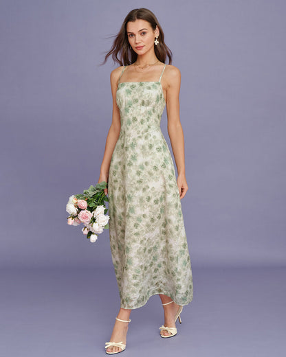 Vestido Maxi Slip Floral Verde Claro con Cruz