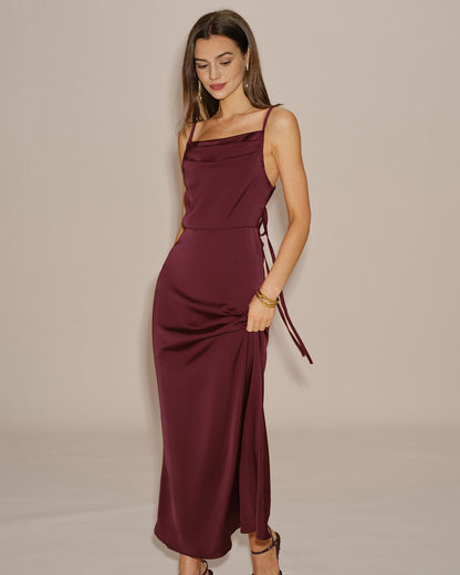 Vestido Maxi Slip Sólido Color Rojo Vino