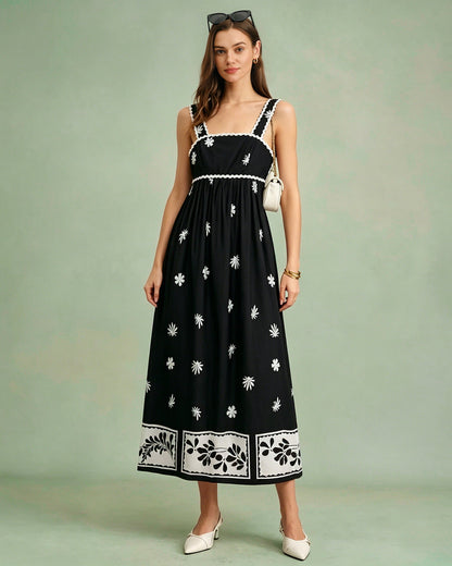Vestido Maxi de Tirantes con Estampado Floral Negro
