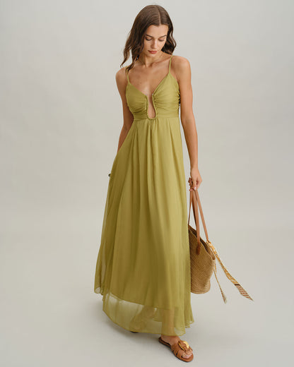 Vestido Maxi Deslizable Verde con Pliegues