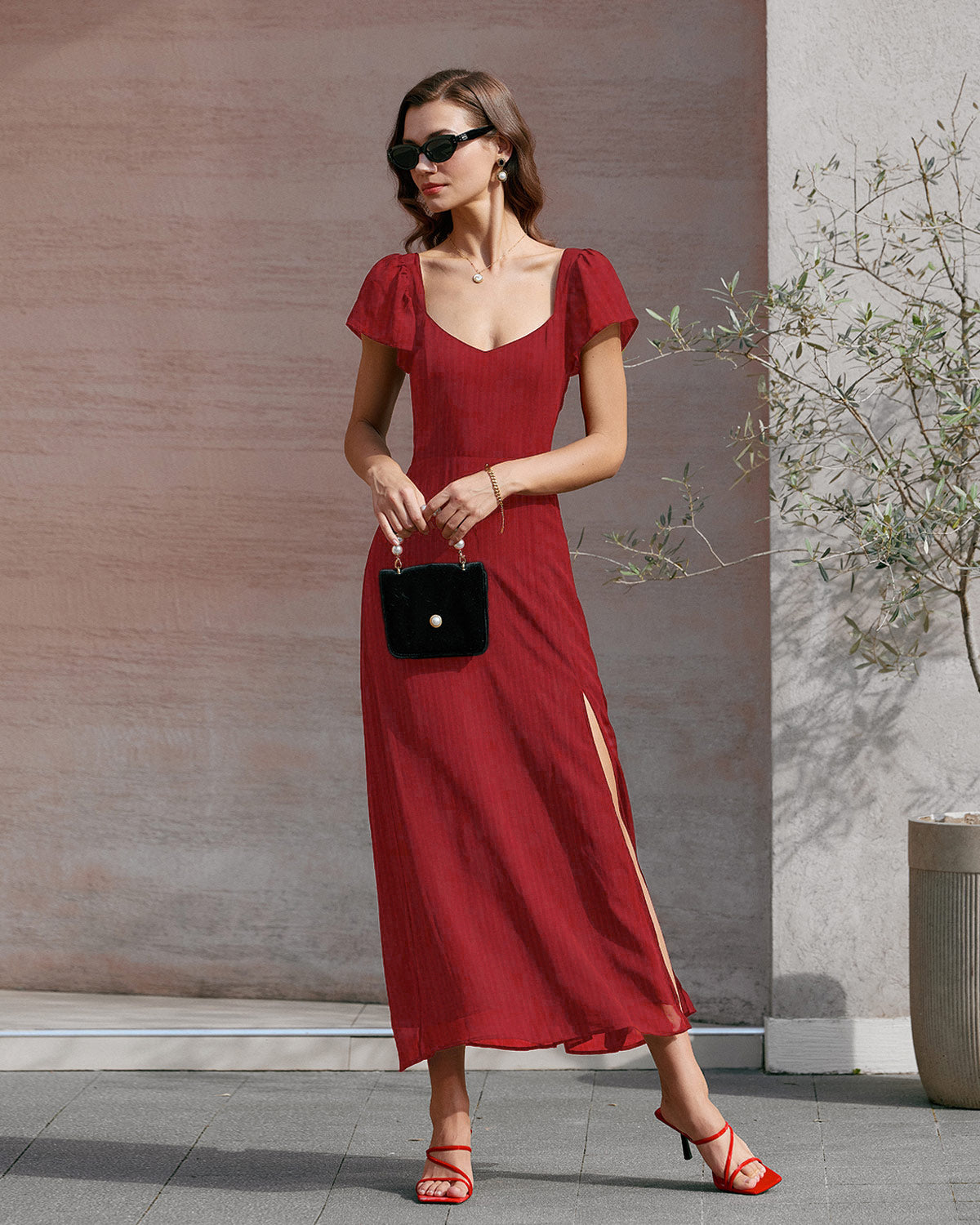 Vestido Maxi Jacquard de Cuello Corazón Rojo