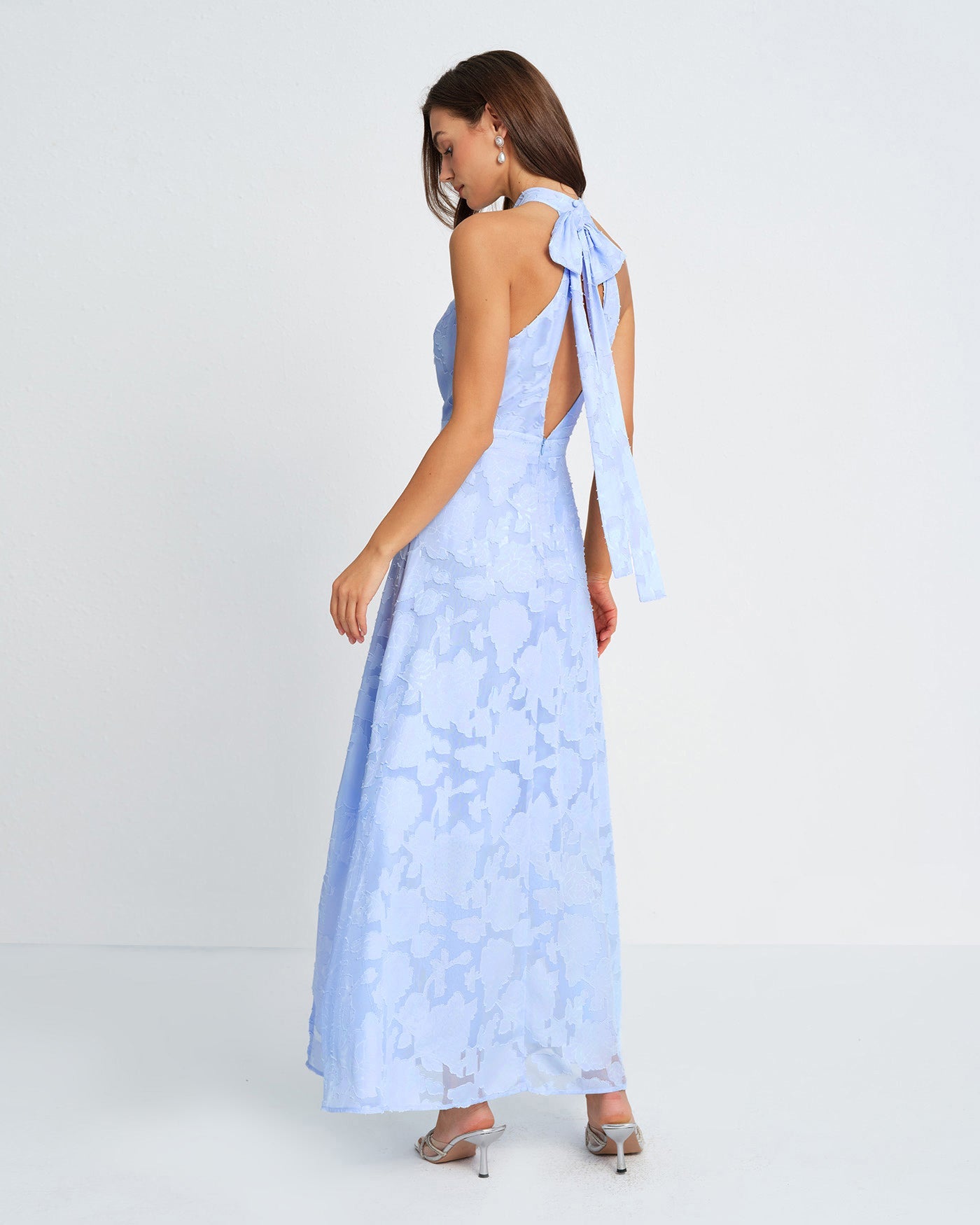 Vestido Maxi Jacquard de Cuello Alto Azul