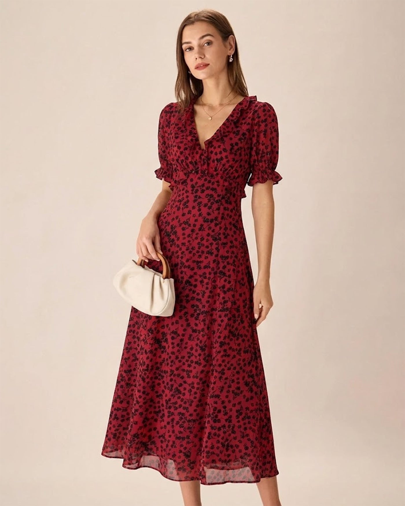 Vestido Maxi Floral de Cuello en V Rojo