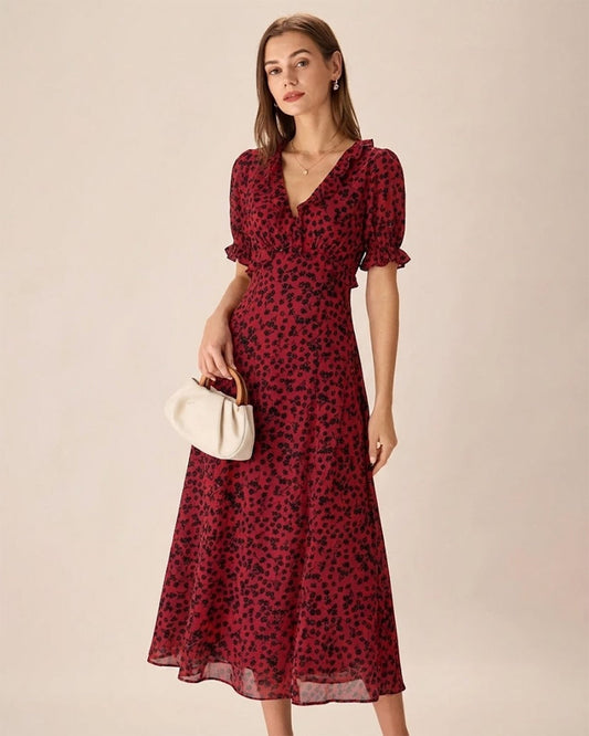 Vestido Maxi Floral de Cuello en V Rojo