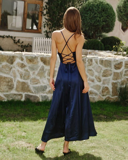 Vestido Maxi de Satén en Color Marino