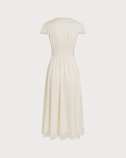 Vestido Maxi de Encaje con Escote en V Color Albaricoque