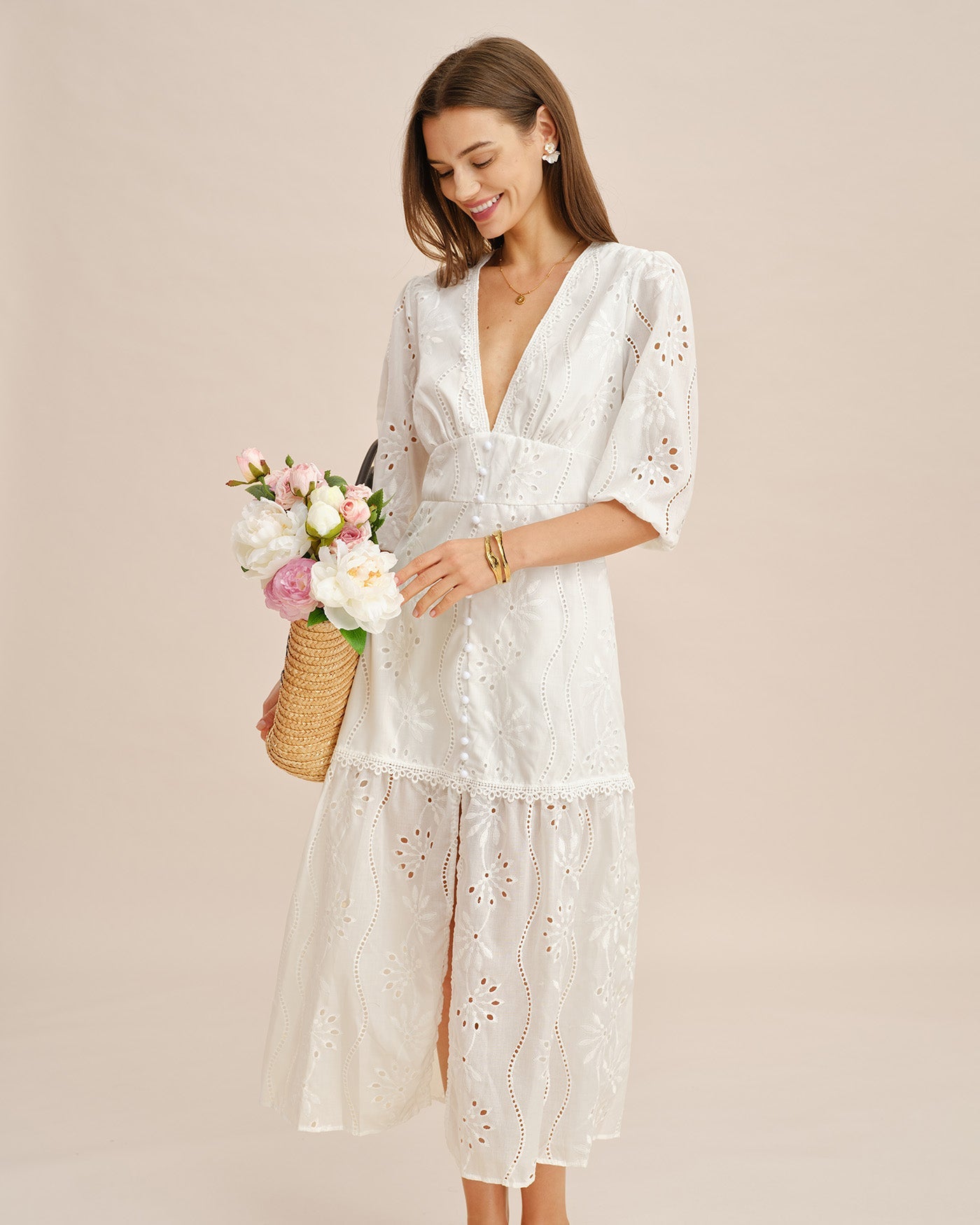 Vestido Maxi Cortado de Cuello en V Blanco