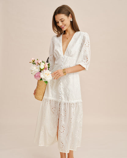 Vestido Maxi Cortado de Cuello en V Blanco