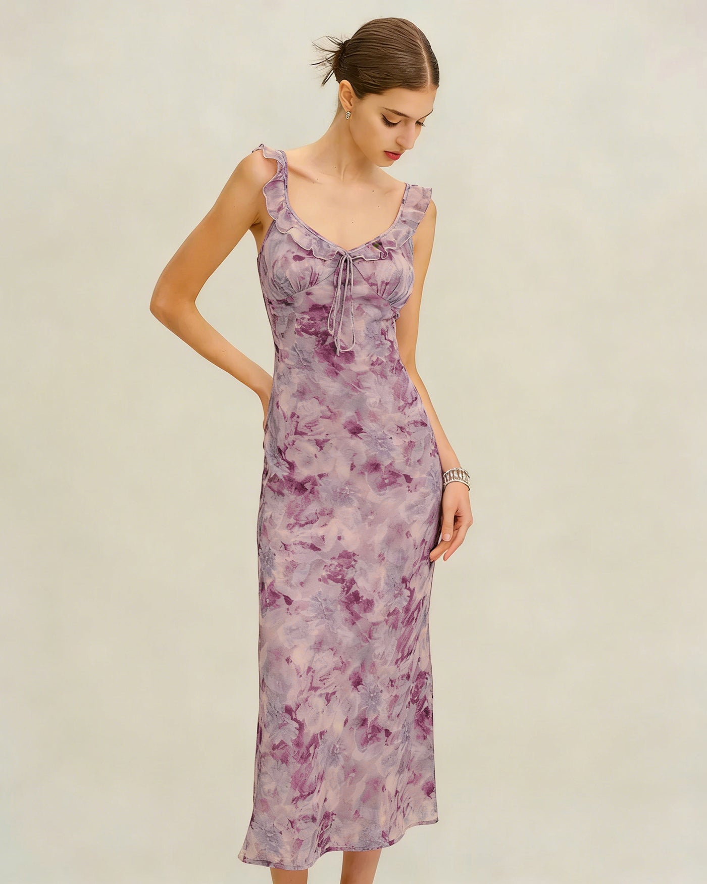 Vestido Maxi Sin Mangas A-Line con Volantes Morado