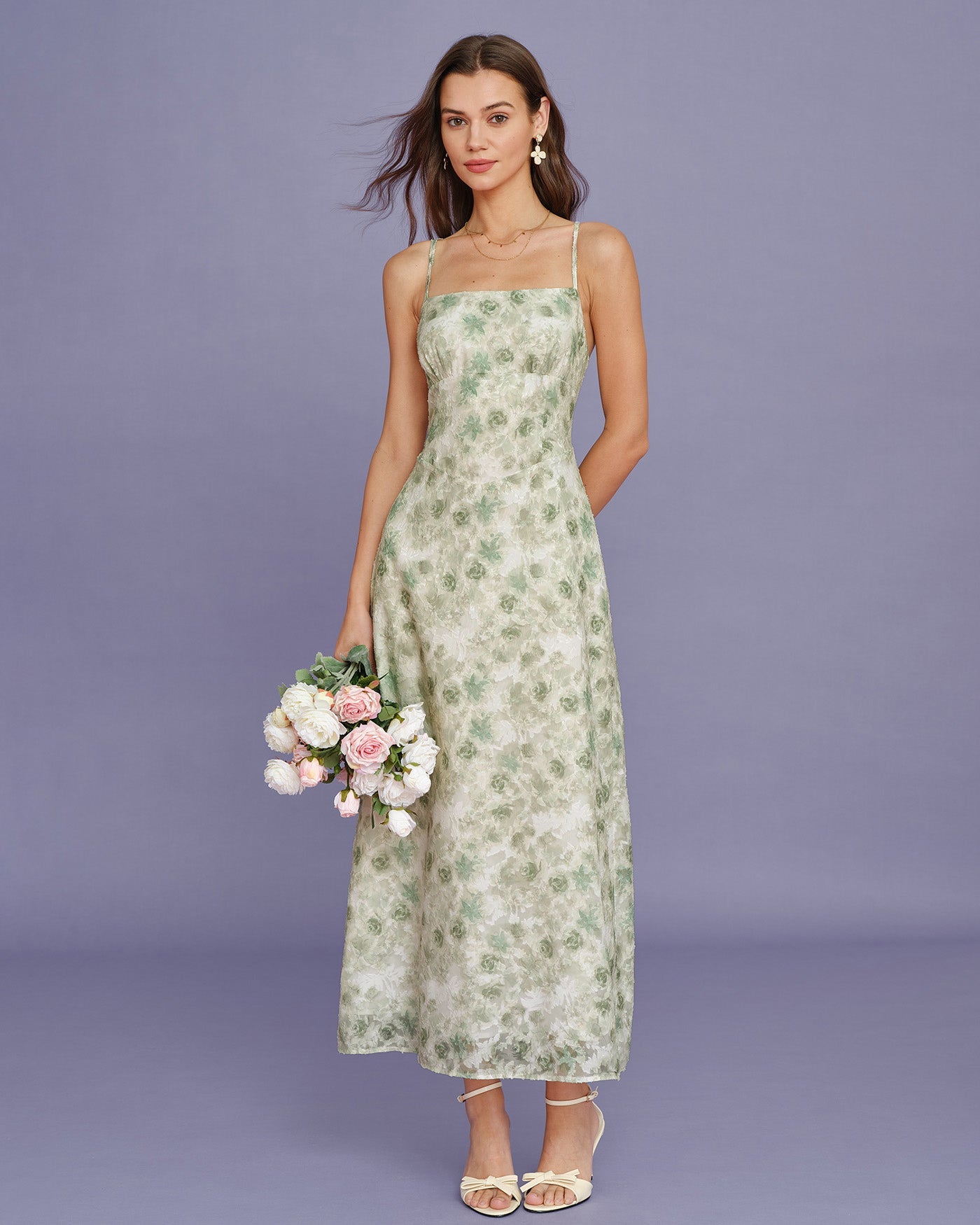Vestido Maxi Slip Floral Verde Claro con Cruz