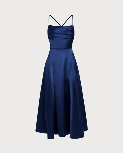 Vestido Maxi de Satén en Color Marino