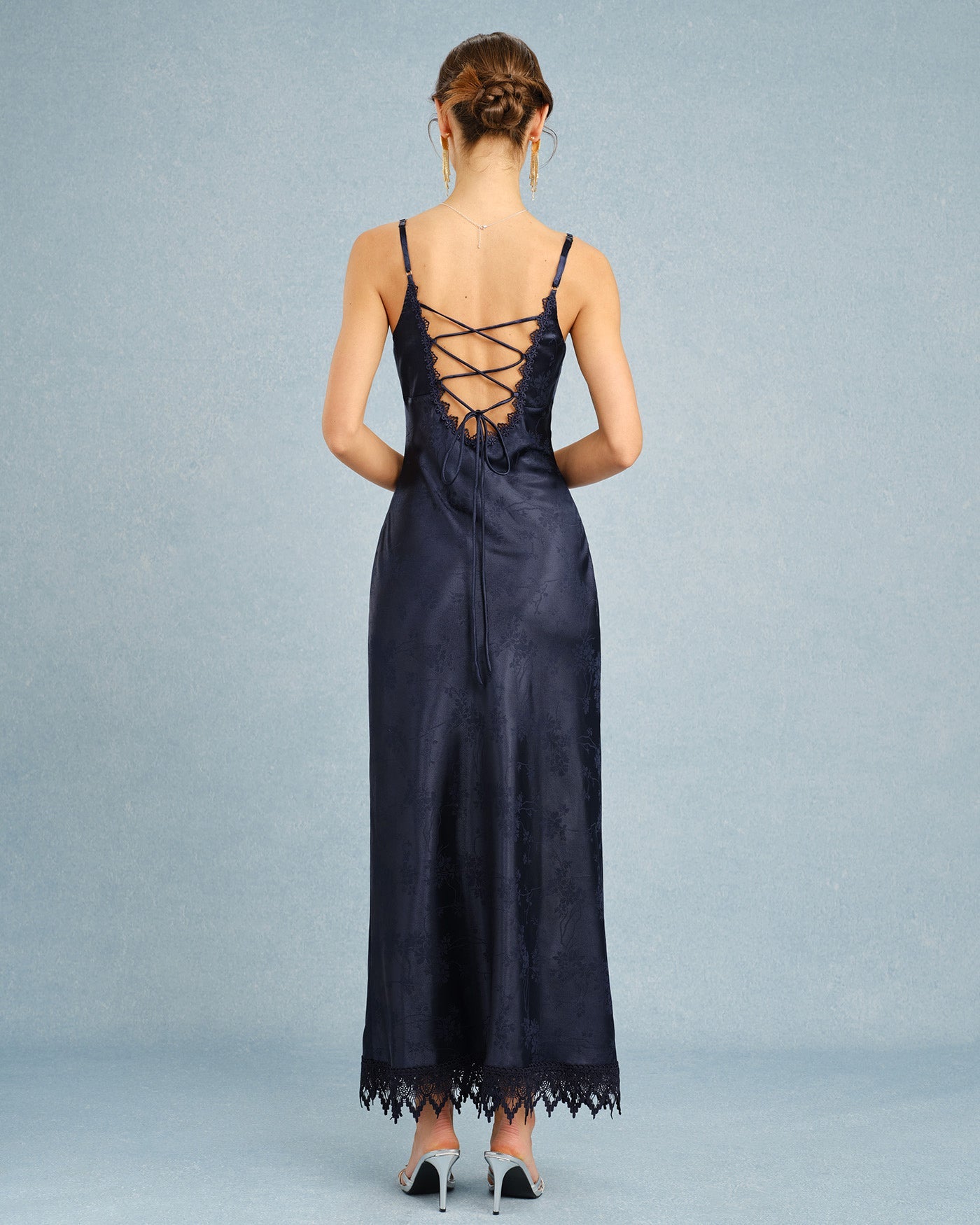 Vestido Maxi de Encaje Jacquard en Color Marino