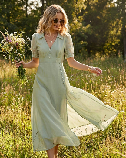 Vestido Maxi Verde con Cuello en V y Botones