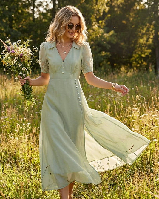 Vestido Maxi Verde con Cuello en V y Botones