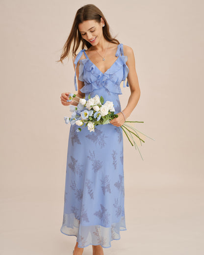 Vestido Maxi con Volantes y Tirantes de Flores Azules
