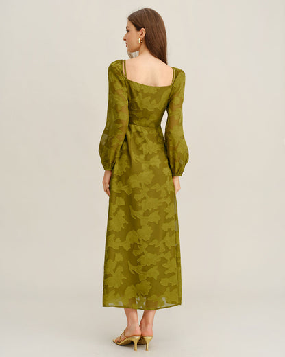 Vestido Maxi A-Line de Cuello Cuadrado con Flores Verdes