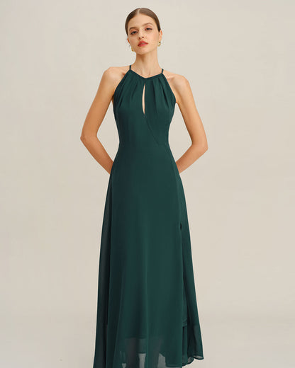 Vestido Maxi de Chiffon Verde con Abertura