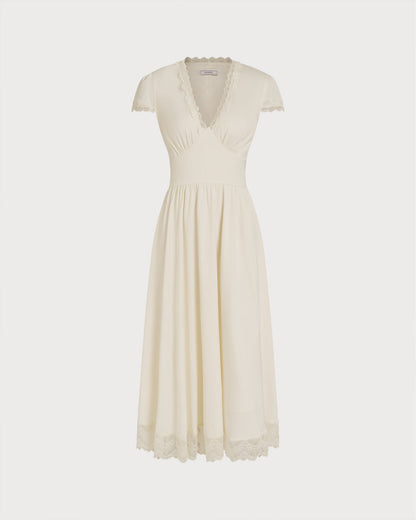 Vestido Maxi de Encaje con Escote en V Color Albaricoque